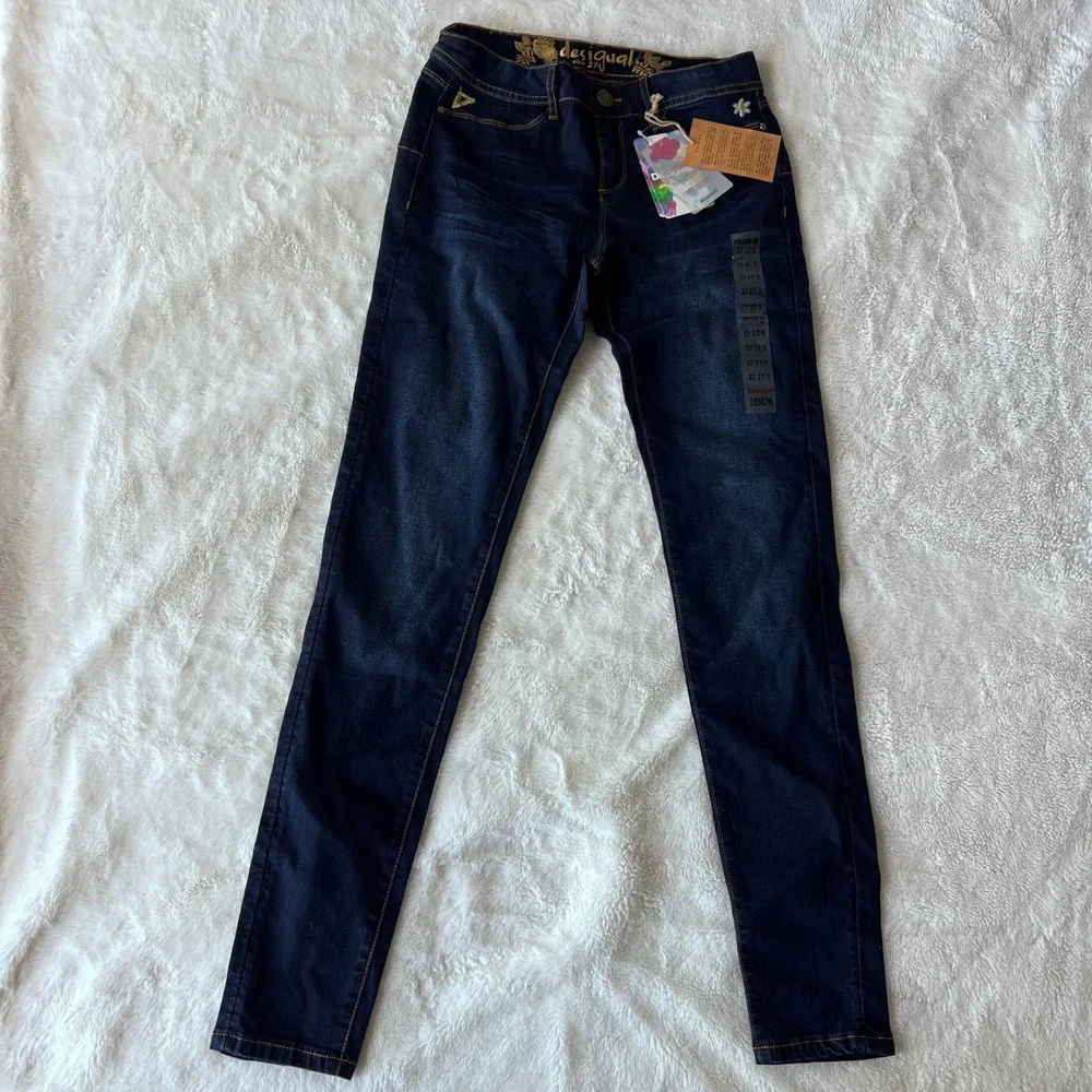Desigual‎ Denim Irati Skinny Jeans Dark Wash Embroidered Indigo 18SWDD61 Size 3